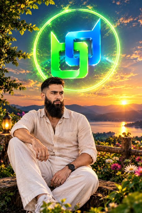A bearded man in white sits before a sunset landscape with a glowing green and blue circular logo floating behind him.