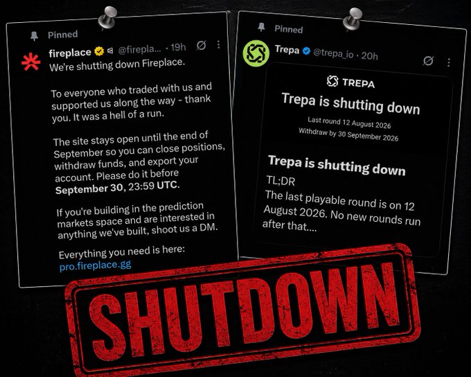 Two pinned messages announcing shutdowns of prediction market platforms Fireplace and Trepa (with last round on August 12, 2026), overlaid with a large red 'SHUTDOWN' stamp.