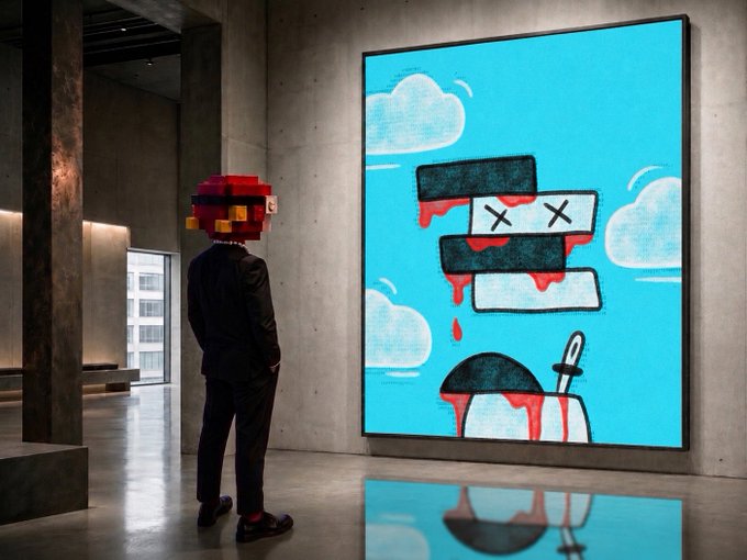 A man in a suit with a pixelated red blocky helmet stands in a gallery contemplating a large vibrant blue digital artwork featuring a cartoon figure with "X" eyes, a knife, and dripping blood—a striking piece from the @NewDreamFolder NFT project by @NikMdt. The reflective floor mirrors the artwork, enhancing the immersive art experience being showcased.