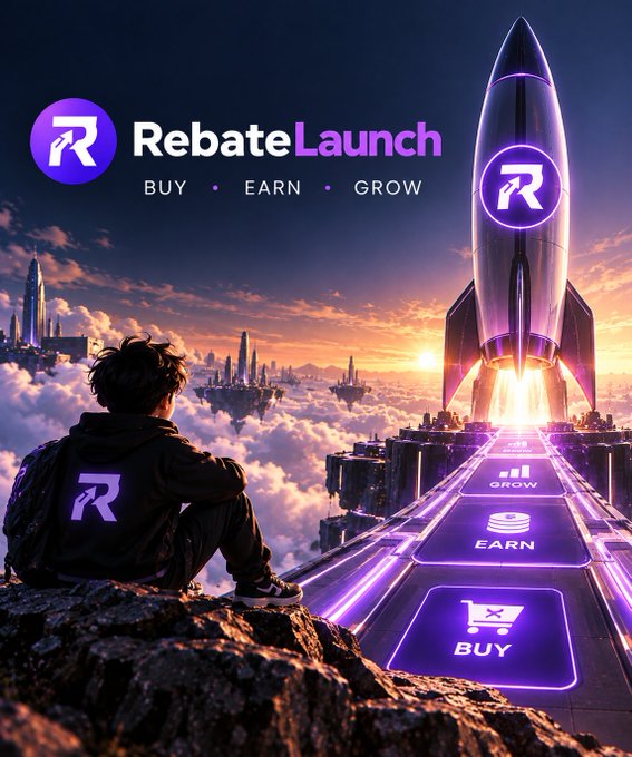 A vibrant promotional graphic for 'Rebate Launch' (Buy • Earn • Grow) showing a person sitting on a rock watching a rocket launch, with a path of glowing purple buttons labeled GROW, EARN, and BUY.