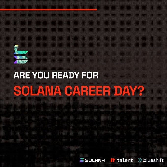 The image features a city skyline with a red banner that reads "Are You Ready for Solana Career Day?". The text also includes the names of some companies, such as "Solana" and "Talent", along with the dates of the event being in June 4th. The image is accompanied by a caption that emphasizes the importance of preparation and readiness for career events like Solana Career Day.