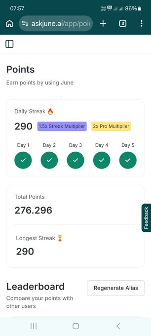 A mobile screenshot of the askjune.ai points page showing a Daily Streak of 290 with a 1.5x Streak Multiplier and 2x Pro Multiplier badges, Total Points of 276,296, and Longest Streak of 290.