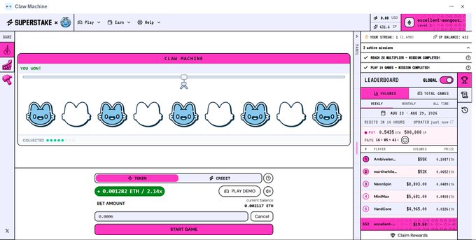 A "Claw Machine" gambling game interface on "SUPERSTAKE" showing mouse-shaped prizes, with options to bet using TOKEN (0.001282 ETH) or CREDIT, and a leaderboard displaying top players like Andivalon and worthwhiz_ on the right.