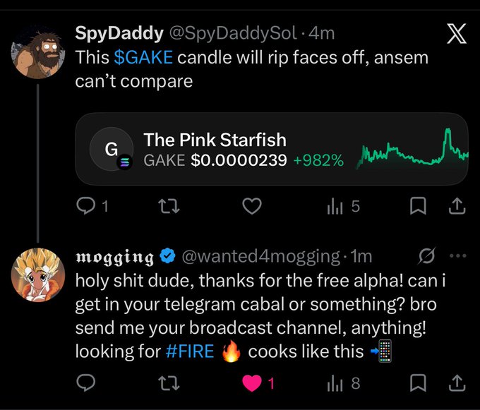 A tweet by SpyDaddy showcases the $GAKE token (The Pink Starfish) up +982%, with a reply from user "mogging" begging to join their Telegram alpha group, highlighting the hype around the coin's massive price spike that aligns with the post's projection of explosive growth.