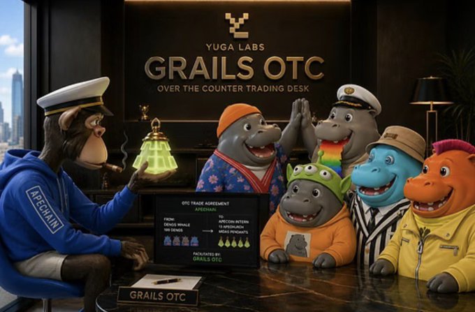 A 3D-rendered scene of anthropomorphic animals at the 'YUGA LABS GRAILS OTC OVER THE COUNTER TRADING DESK', featuring an ape in an ApeChain hoodie and other animal characters around a trading screen.