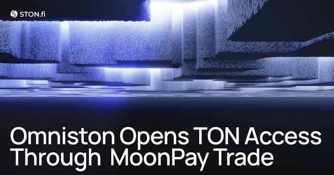 A sleek, futuristic digital render in blue and purple tones displays the "STON.fi" logo in the top-left corner, with the headline "Omniston Opens TON Access Through MoonPay Trade" prominently featured at the bottom, visually representing the announcement of Omniston's integration into MoonPay for expanded TON blockchain trading via STONfi infrastructure.