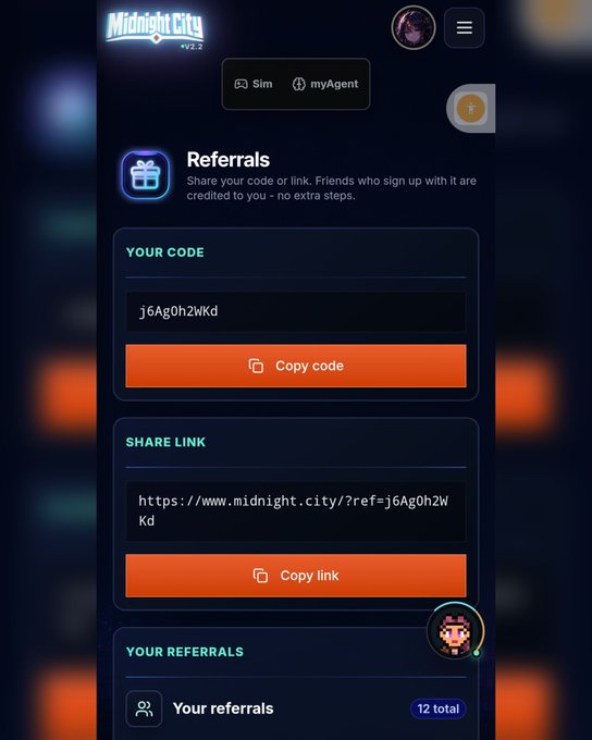 A 'Midnight City' referrals screen showing a personal code 'j6Ag0h2wKd' and a share link, with 12 total referrals.