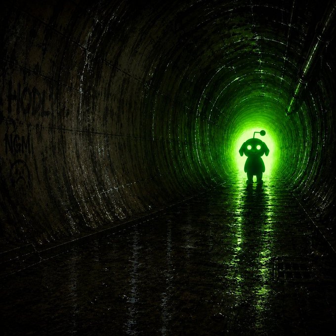 A dark, eerie tunnel illuminated by green light at the far end, where a silhouette of a small alien-like figure stands.