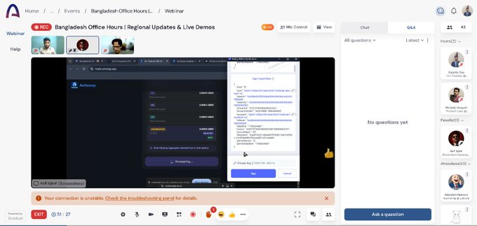 A screenshot of a virtual webinar titled 'Bangladesh Office Hours | Regional Updates & Live Demos' showing a screen share with code being typed and a chat sidebar on the right.