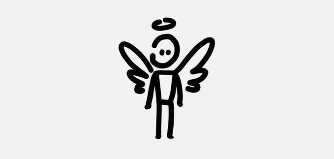 A simple line drawing of an angel figure with wings, a halo, and what appears to be a butterfly or another small figure on its chest.