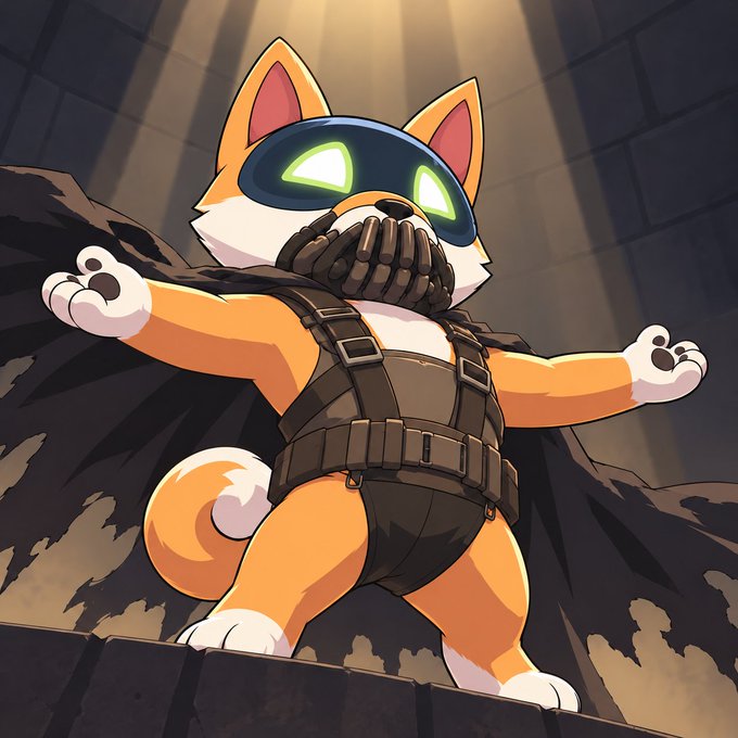 An animated illustration of a Shiba Inu dog wearing a tactical vest and glowing green night-vision goggles, standing against a stone wall background.