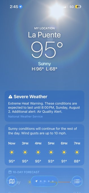 A smartphone weather app showing the current conditions in La Puente at 95° and sunny, accompanied by an Extreme Heat Warning alert from the National Weather Service.