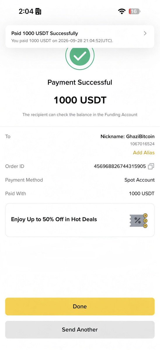 A Binance app payment confirmation screen showing a successful transfer of 1000 USDT sent to user "GhaziBitcoin" (UID 1067016524) from the Spot Account, with Order ID 456968826744315905 completed on 2026-09-28 at 21:04:52 UTC. The screenshot serves as proof of one of the $1000 Binance UID giveaways mentioned in the post.