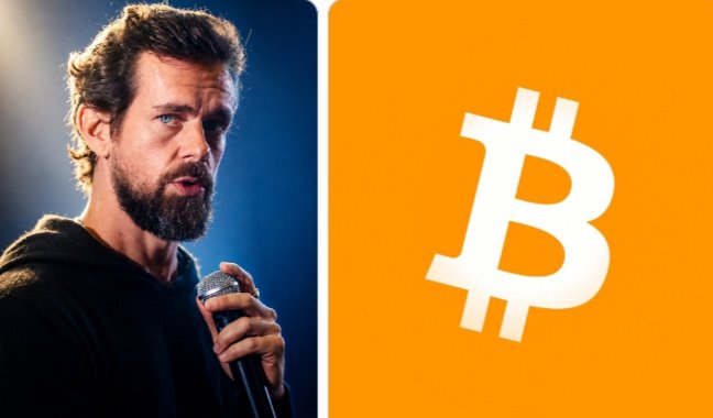 The image shows Jack Dorsey on the left, holding a microphone while speaking, alongside the Bitcoin logo on the right—visually reinforcing his quote about Bitcoin becoming the internet's single currency and transforming the financial system forever.