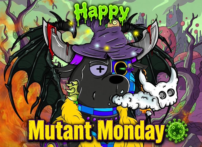 A cartoon 'Happy Mutant Monday' graphic featuring a dark, bat-winged dog wearing a purple witch hat next to a one-eyed white sheep-like creature, with a coronavirus icon in the corner.