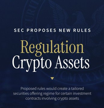 A dark blue graphic with a US government seal reads: "SEC PROPOSES NEW RULES - Regulation Crypto Assets - Proposed rules would create a tailored securities offering regime for certain investment contracts involving crypto assets."