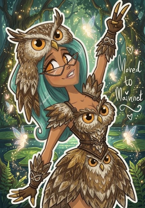 An illustrated artwork of a character with teal hair and glasses wearing an owl-themed costume in a magical forest setting, with text 'Moved to Mainnet' written on the right side.