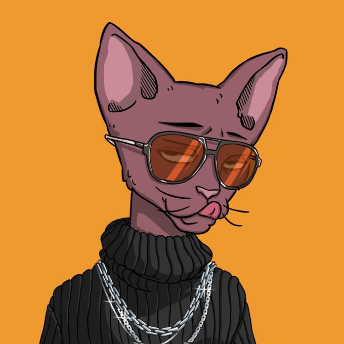 A stylish digital illustration of a hairless Sphynx cat wearing orange-tinted sunglasses and a black turtleneck with silver chains, set against an orange background. The cool, confident cat avatar visually represents the "drop" promotion in the post, reinforcing the exclusive NFT sale vibe for the CET #2869 collectible.