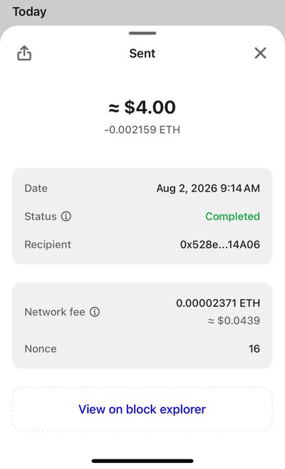 A completed Ethereum transaction of 0.002159 ETH (≈ $4.00) sent on Aug 2, 2026 at 9:14 AM to recipient 0x528e...14A06, with a network fee of 0.00002371 ETH (≈ $0.0439) and nonce 16. The screenshot illustrates the low cost of sending crypto, tying into the post's "More space together" theme by suggesting even small amounts can meaningfully connect people.