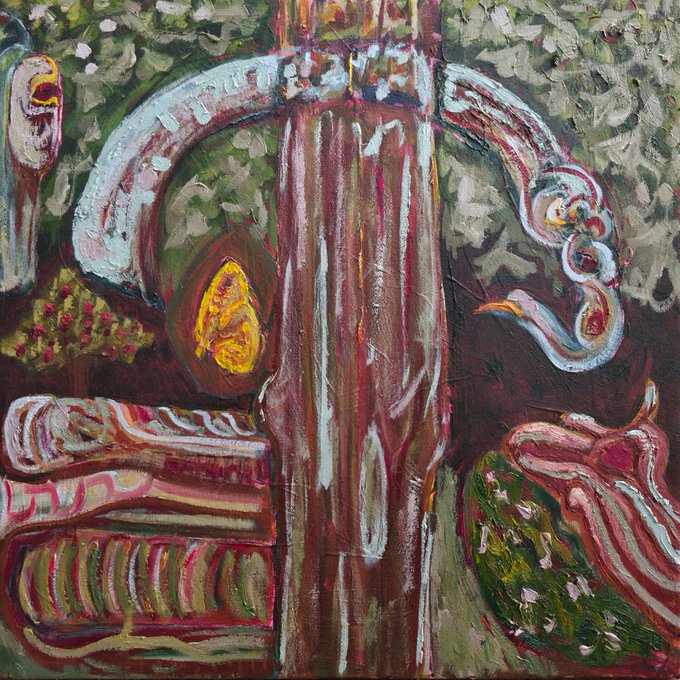 An abstract painted artwork featuring organic, biomorphic forms with red, white, and green tones, with a glowing yellow shape resembling an eye in the center.