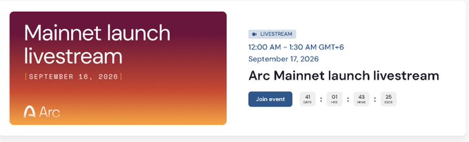 A promotional banner for an 'Arc Mainnet launch livestream' scheduled for September 16, 2026, from 12:00 AM - 1:30 AM GMT+6, with a countdown timer showing 41 days, 01 hours, 43 minutes, and 25 seconds remaining.