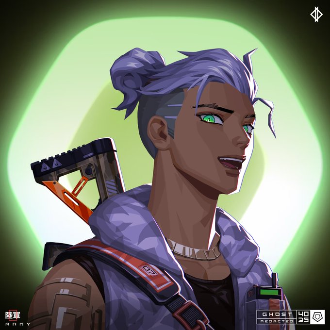 Digital artwork of a character with purple hair, green eyes, and a camo jacket with an orange weapon on their back, with 'GHOST' text and '40' and '35' numbers visible.