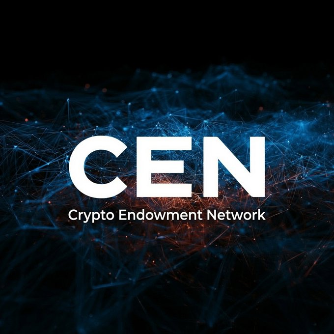 A logo graphic for 'CEN - Crypto Endowment Network' displayed against a dark blue digital network/mesh background.