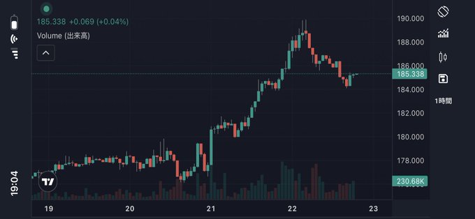 A dark-themed stock/crypto price chart showing a candlestick pattern with price at 185.338 (+0.069, +0.04%), volume 230.68K, labeled '19:04' on the y-axis, with dates 19-23 on the x-axis and '1時間' time frame indicator.