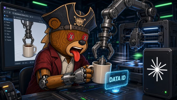 A stylized AI-generated image of a pirate bear character with an eye patch and tongue out, working with robotic arms and a computer displaying 'DATA ID' and 'Asterix_Robot.png'.