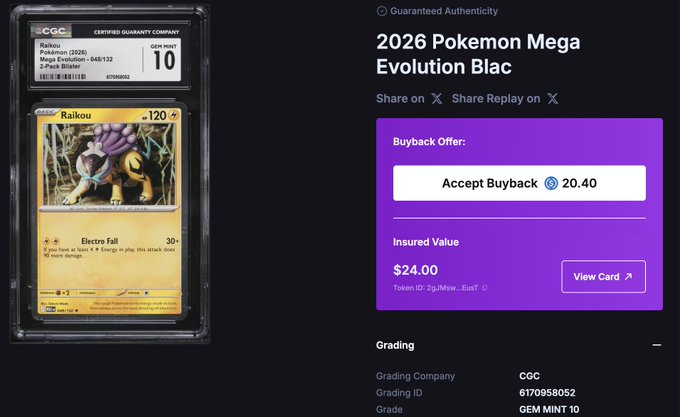 A screenshot of a 2026 Pokemon Mega Evolution Black graded Raikou card with a CGC GEM MINT 10 grade, showing a buyback offer of $20.40 against an insured value of $24.00.