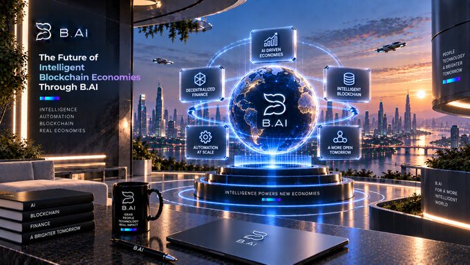 A futuristic promotional image for B.AI featuring a holographic globe displaying blockchain economy features like 'AI DRIVEN ECONOMIES', 'DECENTRALIZED FINANCE', and 'INTELLIGENT BLOCKCHAIN' with the tagline 'The Future of Intelligent Blockchain Economies Through B.AI'.