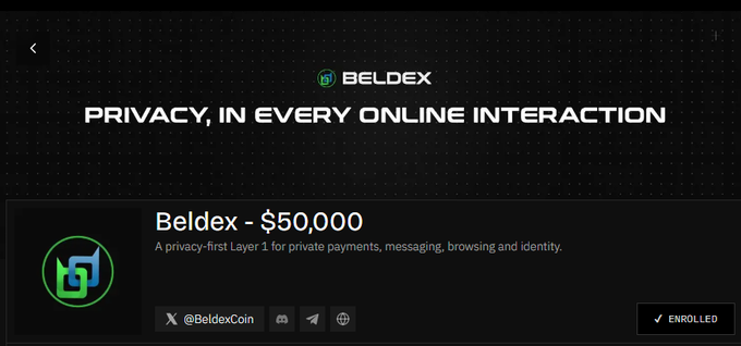 A dark-themed webpage titled 'PRIVACY, IN EVERY ONLINE INTERACTION' promotes the Beldex project as 'A privacy-first Layer 1 for private payments, messaging, browsing and identity,' featuring a $50,000 reward label, the handle @BeldexCoin, and an 'ENROLLED' button.