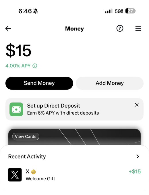 A screenshot of the X Money app shows a $15 balance with a 4.00% APY and a "+$15" transaction labeled "Welcome Gift" from X, matching the post about receiving a welcome bonus from Elon Musk.