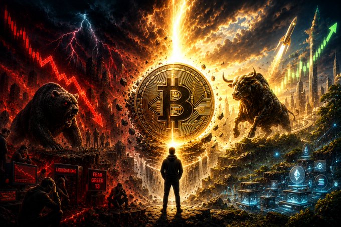 A lone trader stands before a glowing Bitcoin coin, flanked by a snarling bear amid red crashing charts reading "LIQUIDATIONS" and "FEAR GREED 13" on the left, and a charging bull with rising green candlesticks and Ethereum symbols on the right—capturing crypto's battle between bearish capitulation and bullish reversal as Q2 closes in the red.