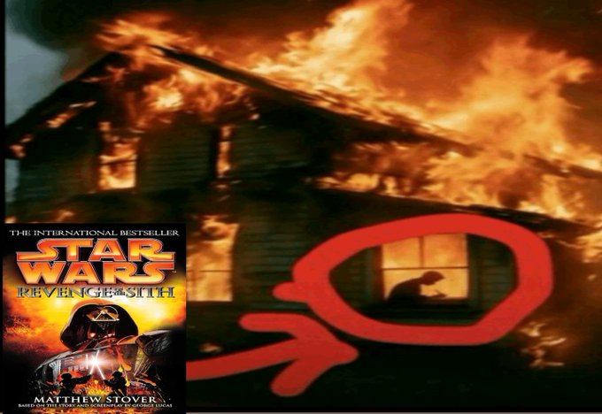 A house engulfed in flames with a superimposed image of the Star Wars: Revenge of the Sith novel cover by Matthew Stover.