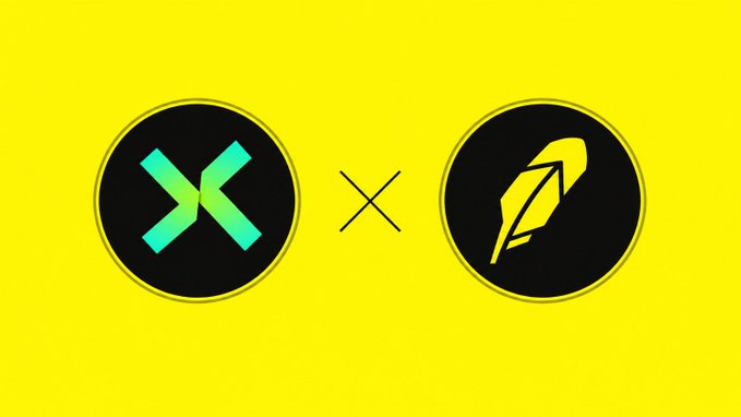 A yellow promotional graphic showing two black circular logos—one with a teal "X" and one with a yellow pen nib—separated by a multiplication sign.