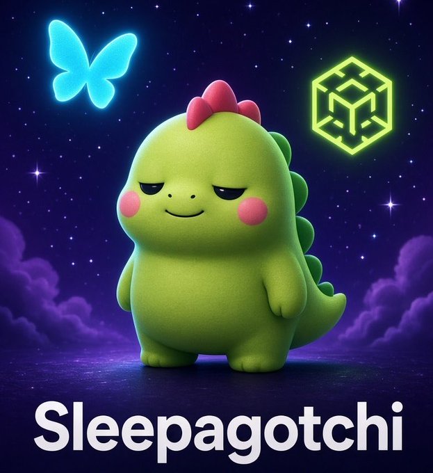 An illustration of a cute green dinosaur character with pink cheeks and red spikes standing under a starry night sky, with a blue butterfly and glowing green cube symbols on either side, labeled 'Sleepagotchi' below.