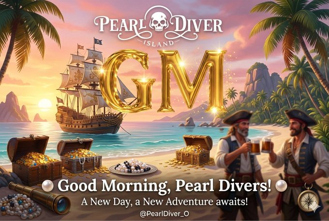 A promotional graphic titled 'PEARL DIVER ISLAND' displays the text 'GM' in large gold letters, accompanied by an illustration of a pirate ship, treasure chests, pearls, and two pirates toasting on a beach, with the caption 'Good Morning, Pearl Divers! A New Day, a New Adventure awaits! @PearlDiver_0'.