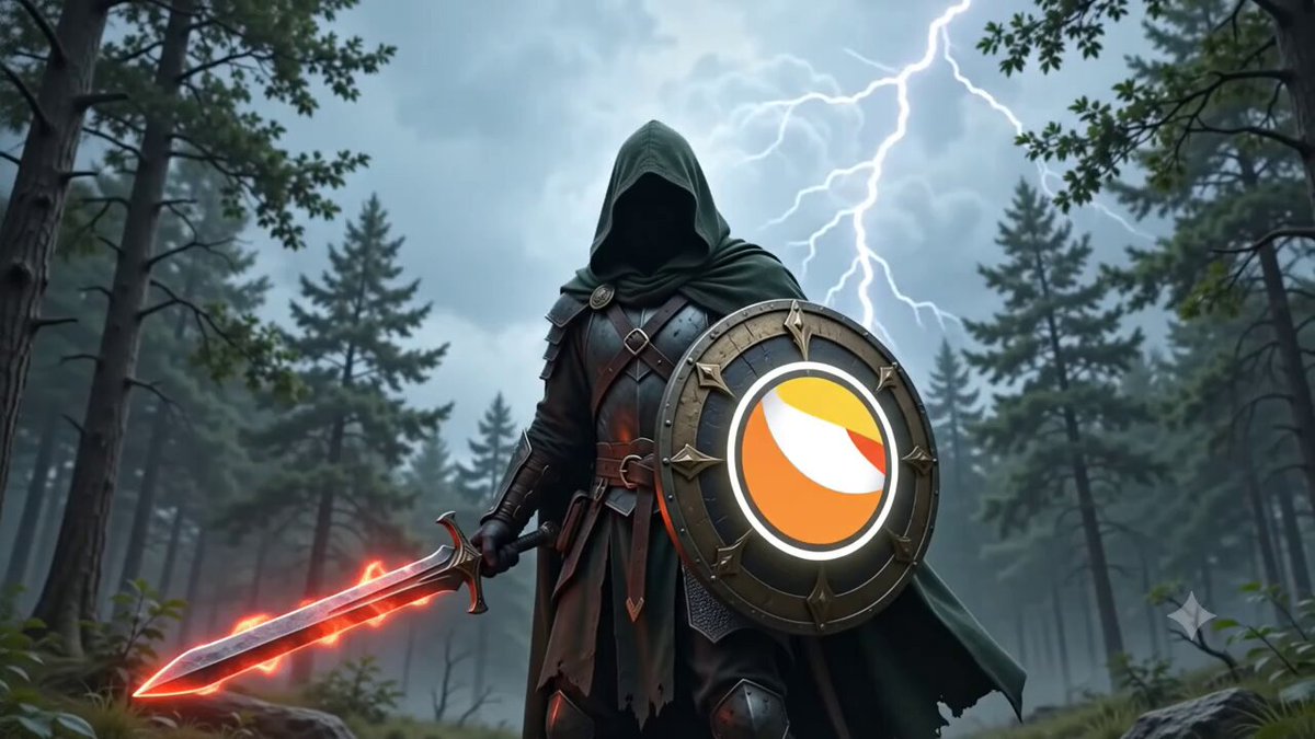 The image features a knight with a shield, sword, and hooded cloak standing in front of trees during a stormy night. The knight appears to be facing away from the camera while holding his sword high above his head. The background includes dark clouds and lightning bolts, indicating that they are experiencing a storm. The post also mentions "LunaClassic #Kntrl" as an example of a character or item in the image.