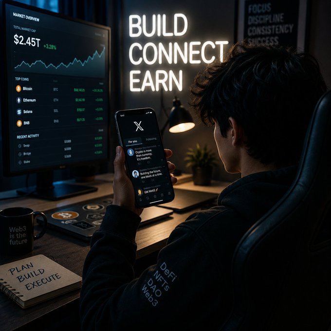 A young person sits at a dimly lit desk looking at a phone with the X (Twitter) app, while a monitor displays a crypto market overview showing a $2.45T total market cap and coins like Bitcoin, Ethereum, and Solana under the glowing text 'BUILD CONNECT EARN.'