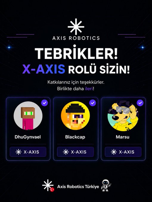 An 'AXIS ROBOTICS' announcement graphic congratulating three users (DhuGynvael, Blackcap, Marsu) on receiving the X-AXIS role in Turkish.