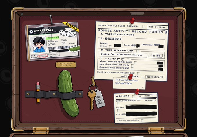 An illustrated corkboard displays a 'fomies' access pass, a 'FOMIES ACTIVITY RECORD' form, a wallet list, a pickle, and a key labeled '404'.