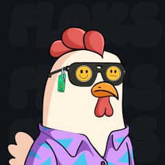 A stylized chicken wearing sunglasses and a purple shirt smiles in front of a "FLOKS" watermark, fitting the NFT mint announcement referencing "gYolk" for residents.