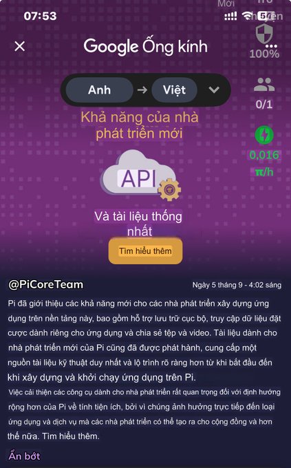 A Vietnamese-language screenshot showing the Pi Network ecosystem app featuring a translation tool (Google Ống kính) with "API" and developer resources highlighted, alongside an announcement from @PiCoreTeam dated September 5th about new developer capabilities including full backend support, database storage, and video integration for Pi app development. The image supports the post's theme by visually demonstrating Pi Network's developer tools and API features, showing the platform's effort to simplify blockchain technology for mainstream developers to build upon.