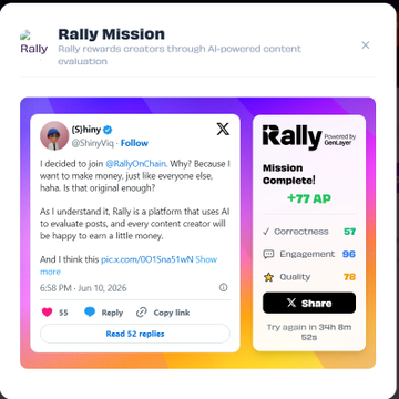 The image features a twitter post related to a Rally Mission discussion. A user has posted their opinion about the importance of AI powered content creation platforms. The post includes the text, "I decided to join #RallyOnChain because I wanted to make money just like everyone else. Isn't that original enough?" The post also contains a screenshot and links for more information on the topic.