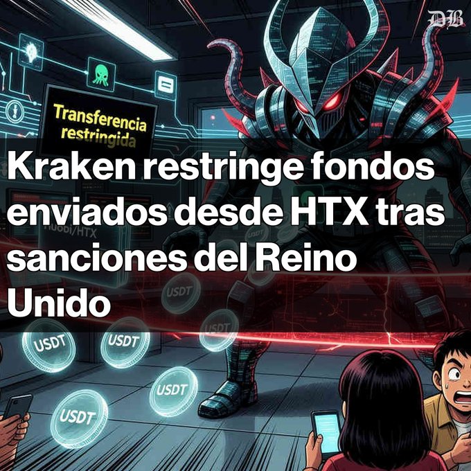 The image features a cartoon illustration of a man with horns, dressed as a dragon, surrounded by coins scattered around him. The scene takes place within a digital space where a group of people are gathered, some holding cell phones while others look at their own devices. A caption below the illustration reads "Kraken limita transferencias de Huobi/HTX tras sanciones del Reino Unido Usuarios no deben enviar fondos desde Huobi a Kraken". The image is related to the post because it features an illustration of a dragon surrounded by coins, which could be interpreted as a metaphor for digital currency or cryptocurrency.