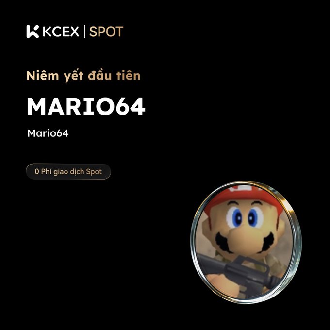 A cryptocurrency exchange announcement from KCEX SPOT highlights the first listing of 'MARIO64,' represented by an image of Mario in military gear holding a gun.
