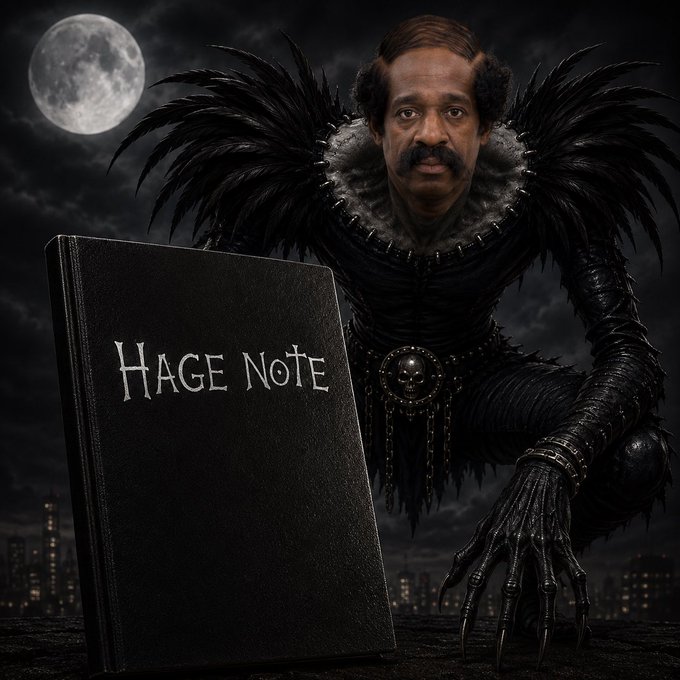 A man in a dark, gothic costume with feathered shoulders crouches behind a black book titled "HAGE NOTE" under a full moon, styled like a Death Note anime parody. The image humorously relates to the post by portraying a cryptocurrency-themed take on the iconic Death Note, suggesting someone has written a "Hage Note" to outshine all other crypto posts that day.