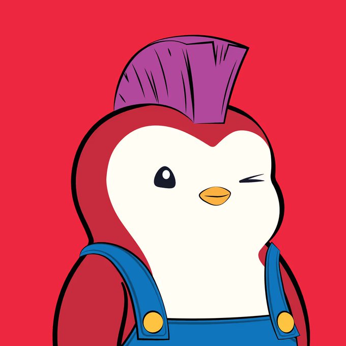 A cartoon illustration of a penguin character with a purple mohawk and blue overalls winking against a red background.