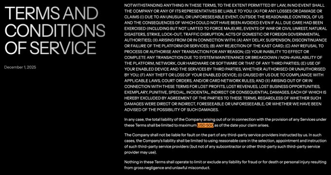 A dark "Terms and Conditions of Service" page dated December 1, 2025, displaying dense legal text with liability limited to US$500 and exclusion of consequential damages, which relates to the post's point about Kast's unique monetization model classifying user deposits as sales rather than safeguarded funds.